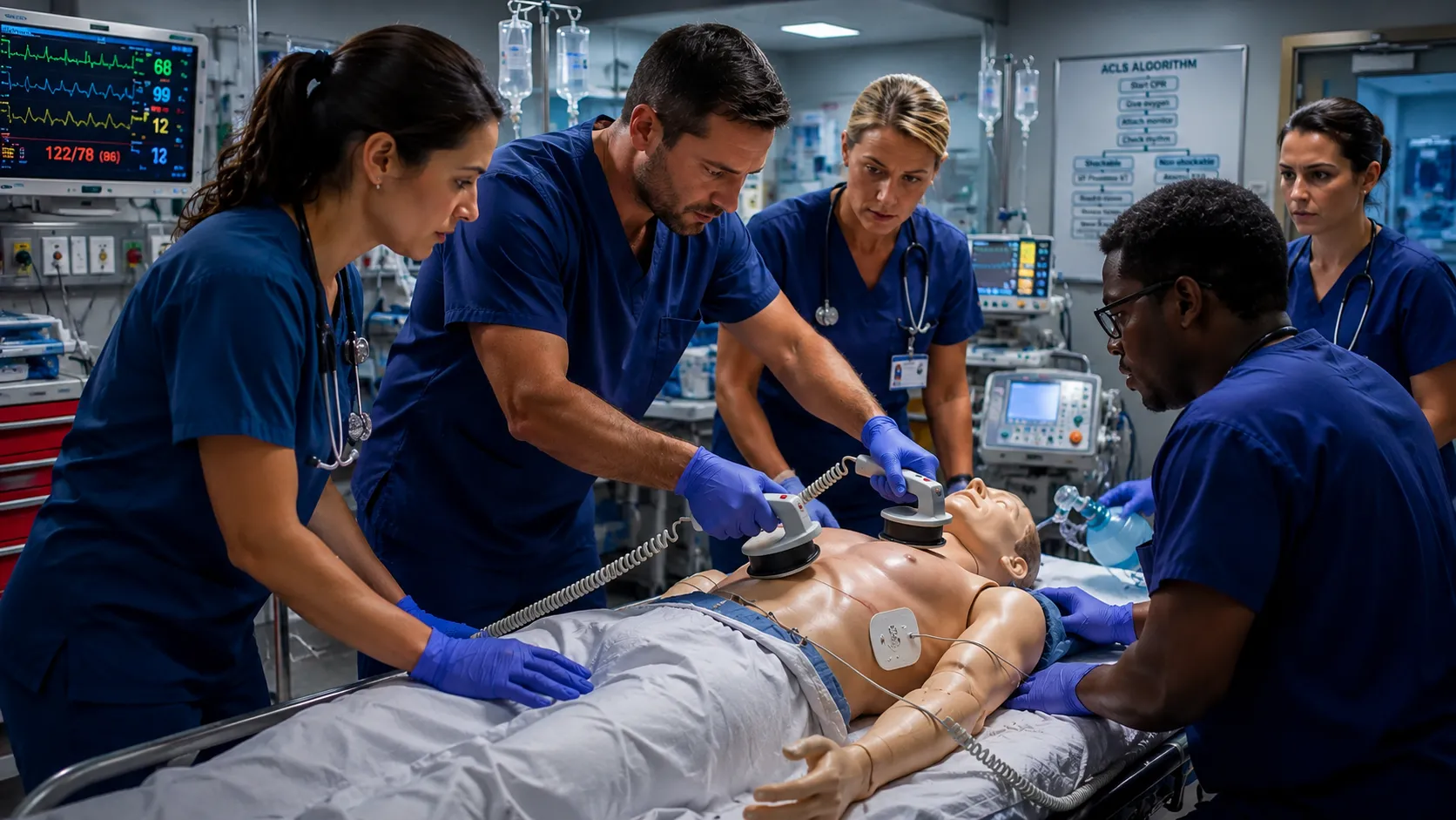 Healthcare professionals practicing advanced cardiac resuscitation and defibrillation during ACLS training.
