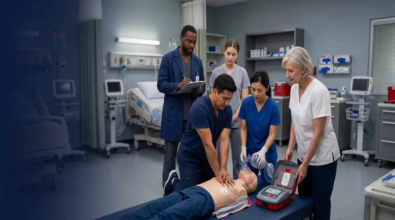 Diverse healthcare professionals practicing chest compressions, bag-mask ventilation and AED use during Basic Life Support training.