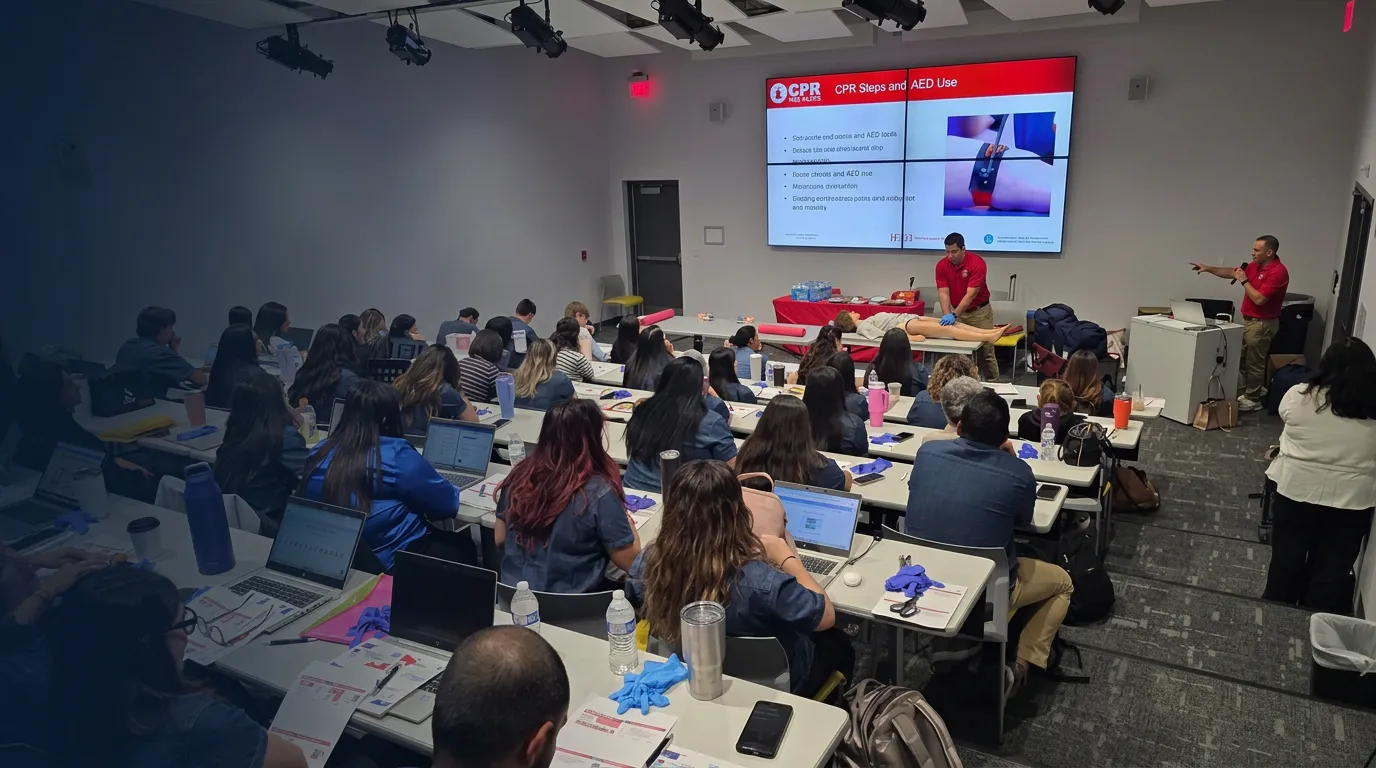 A CPR Masters RGV instructor demonstrating CPR on a manikin to a full classroom during onsite group training.