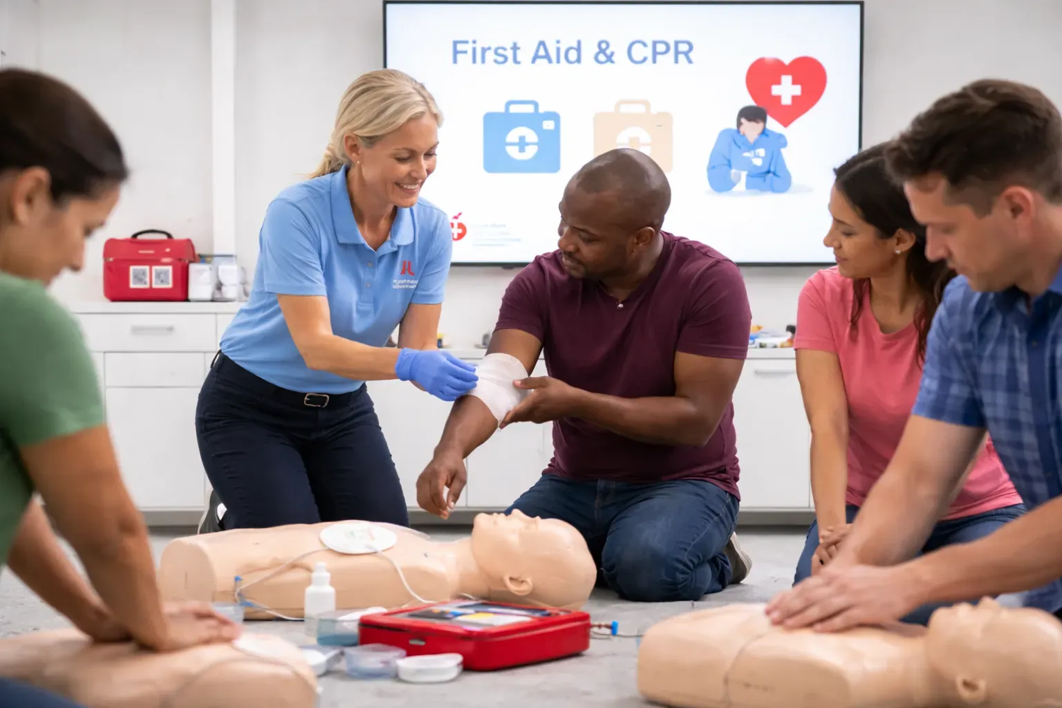 An instructor bandaging a participant's arm while others practice compressions during hands-on first aid and CPR training.