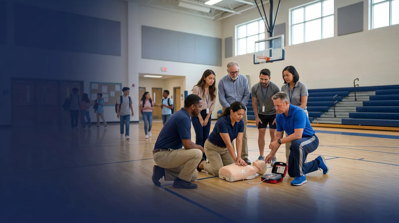 School staff practicing CPR and AED skills on a manikin in a school gymnasium.