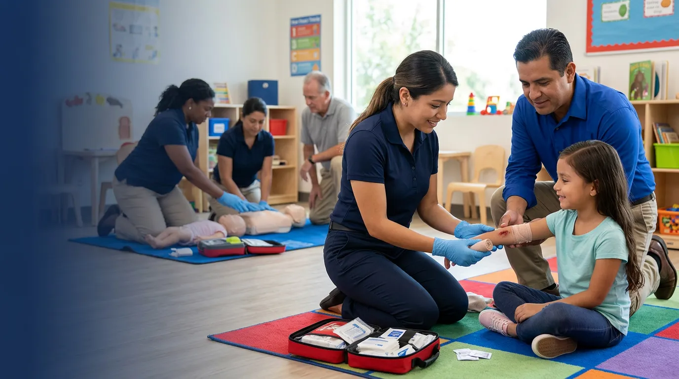 An instructor demonstrating first aid on a child's arm while caregivers practice infant CPR nearby.