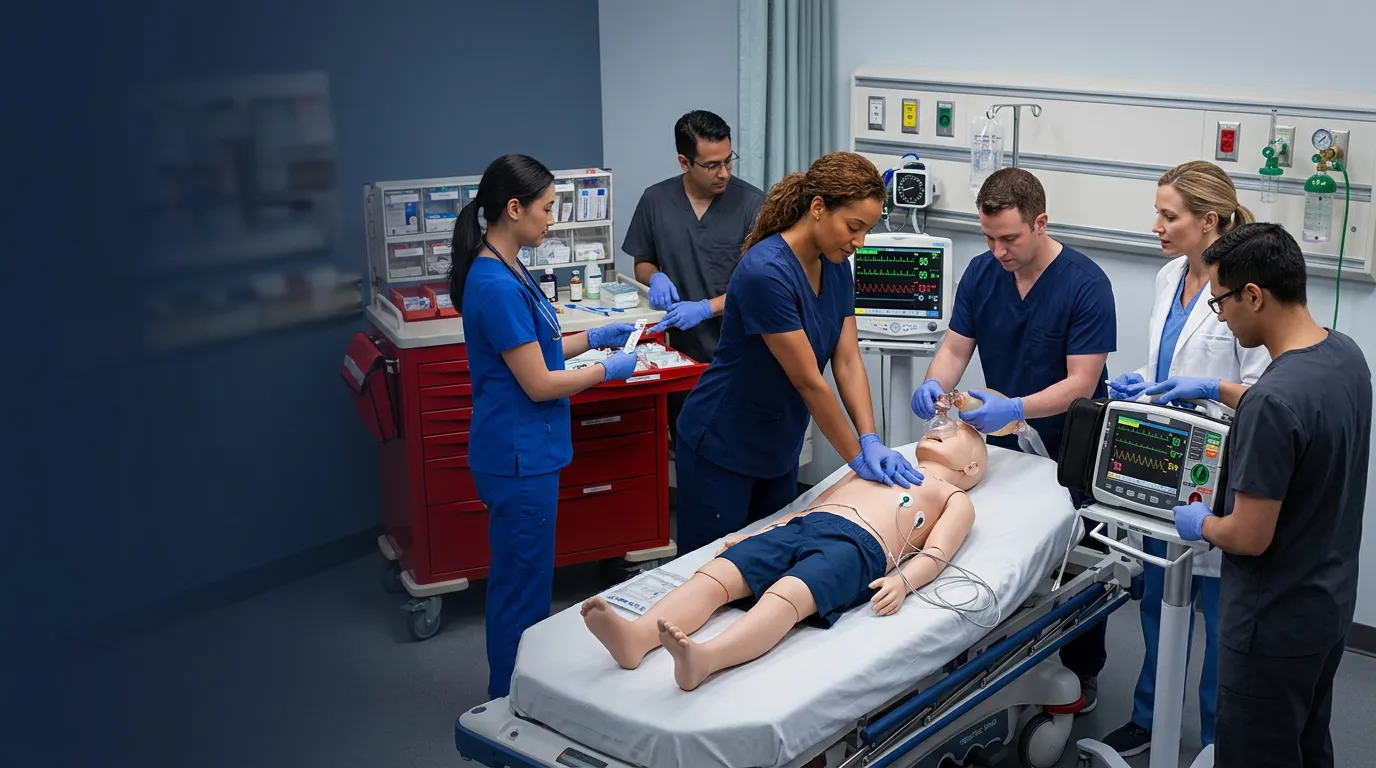A resuscitation team practicing advanced pediatric life support on a child manikin with a cardiac monitor and defibrillator during PALS training.